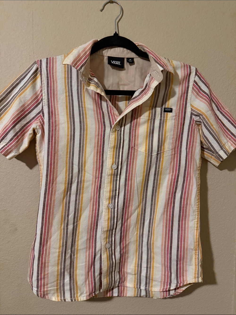 Vans Boys Striped Button-Down Shirt - White, Red, Yellow, Brown